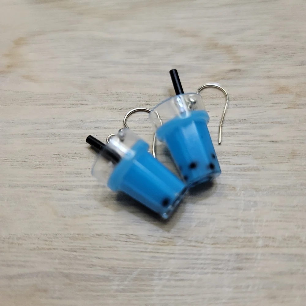 Handcrafted Mini Bubble Tea Dangle Earrings Blue Boba Milk Tea Jar Straw